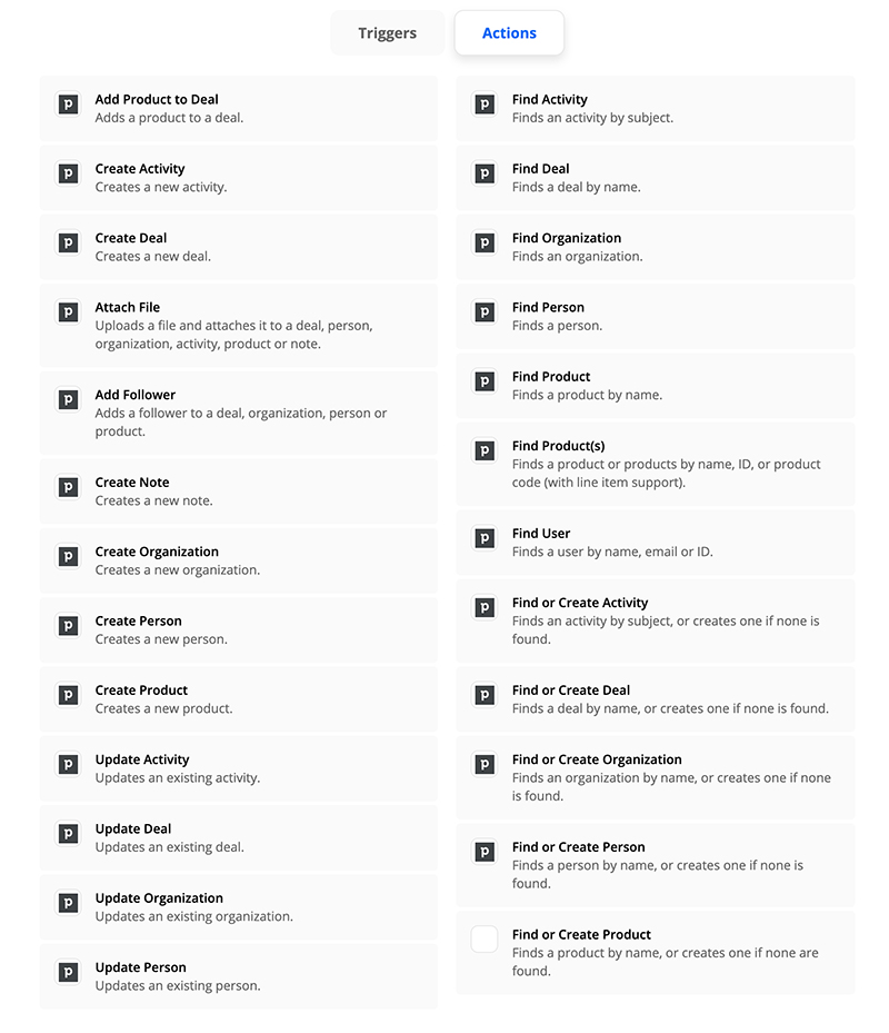 also be able to choose from all of these Actions in Zapier