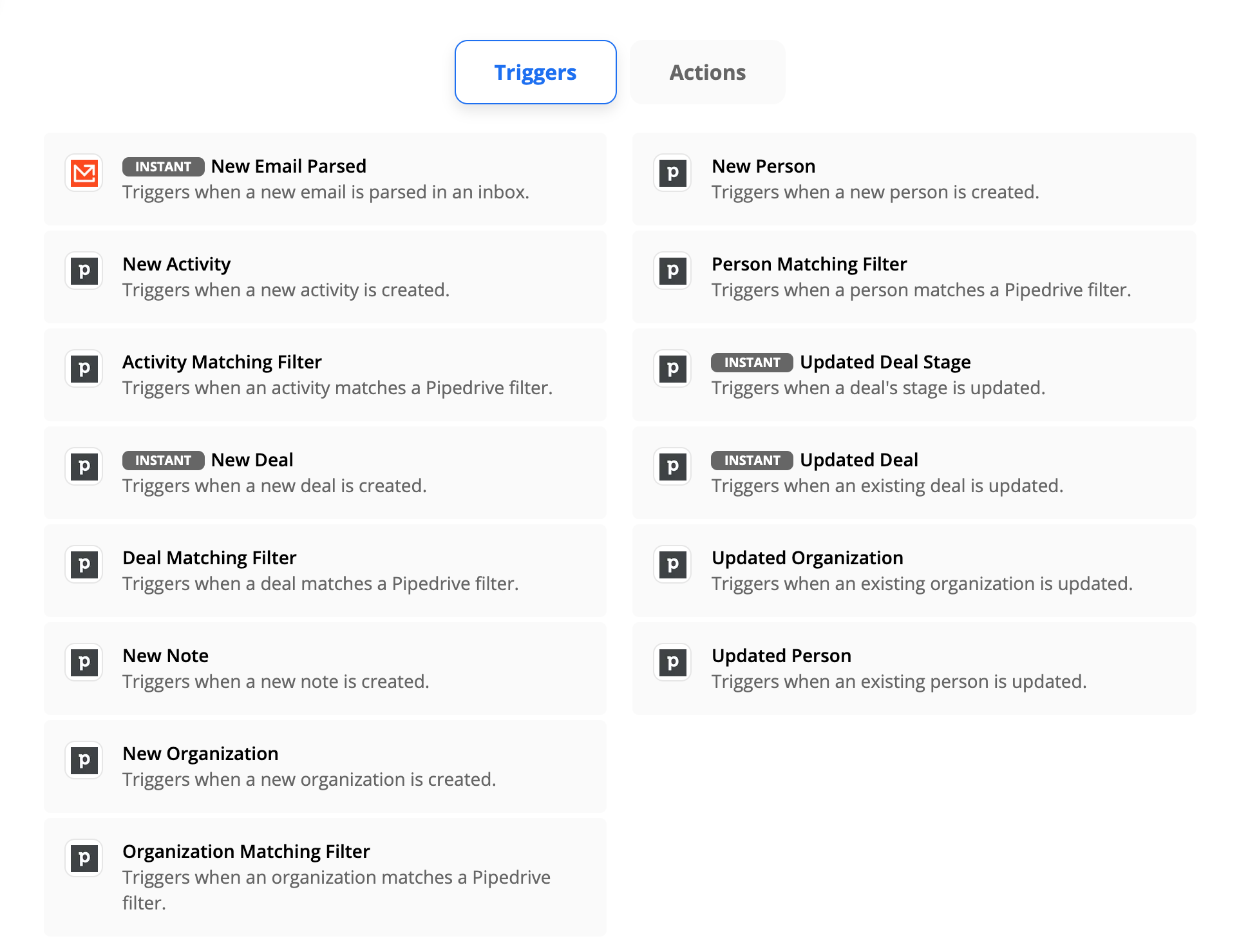 You can choose from these Triggers in Zapier