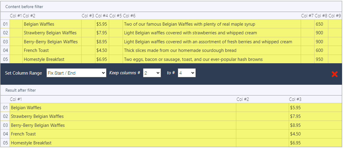 Options for choosing column range or removing from start/end