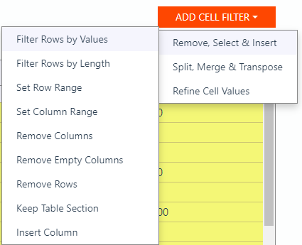 Filter Rows by Values UI panel