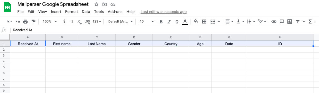 Google Sheet with column headers set for integration