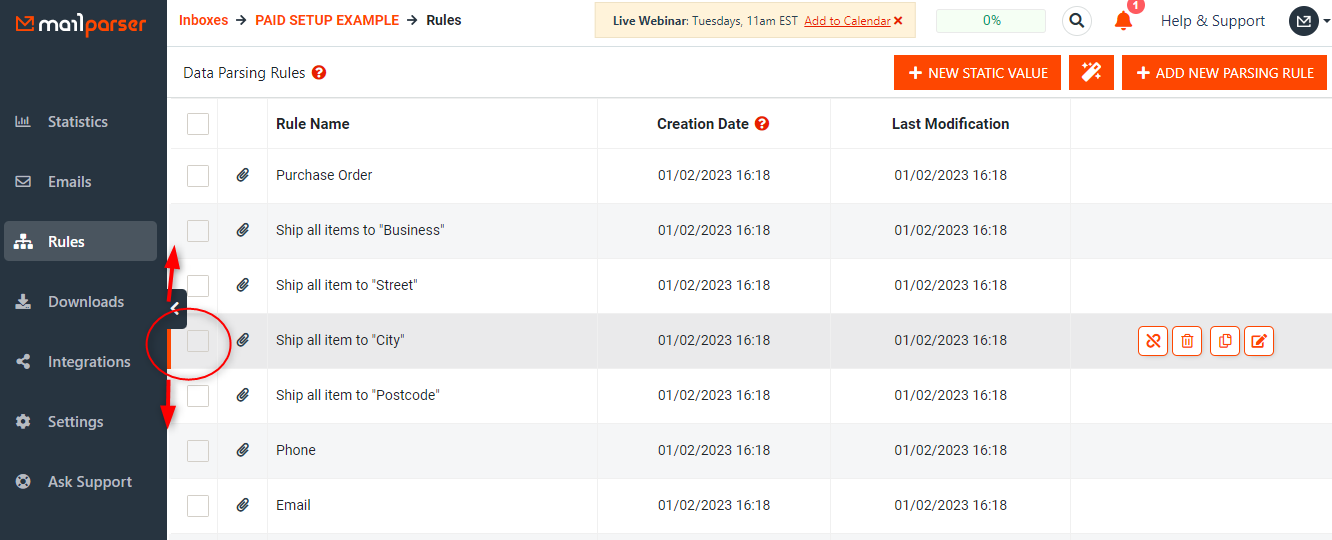 Can I change the order of email parsing rules