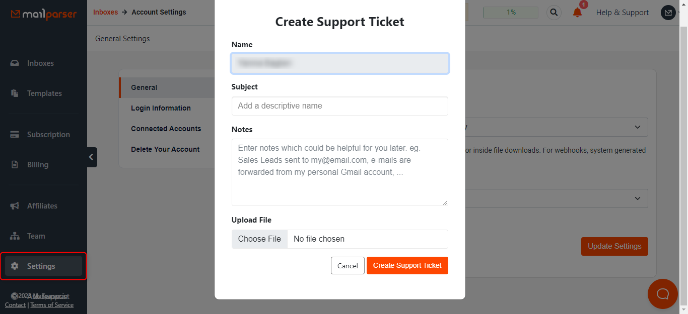 Support contact interface showing message input field