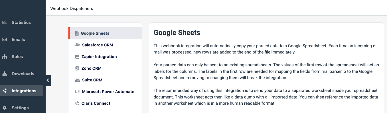 Mailparser interface showing Add New Integration screen