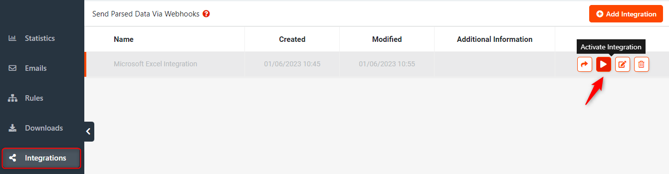 Confirmation of successful Microsoft Excel integration in Mailparser