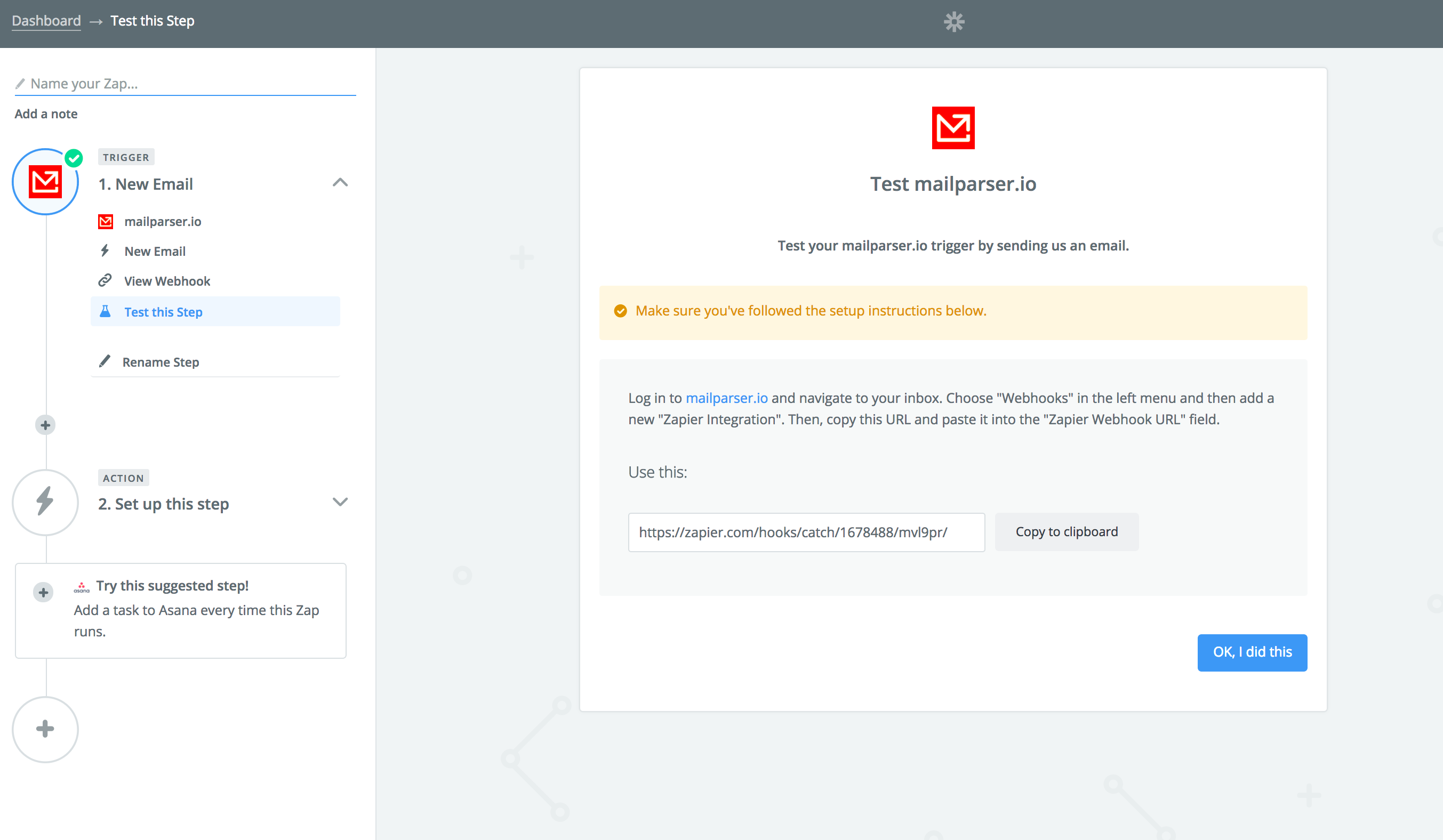 Testing the Zapier webhook with a sample email in mailparser.io