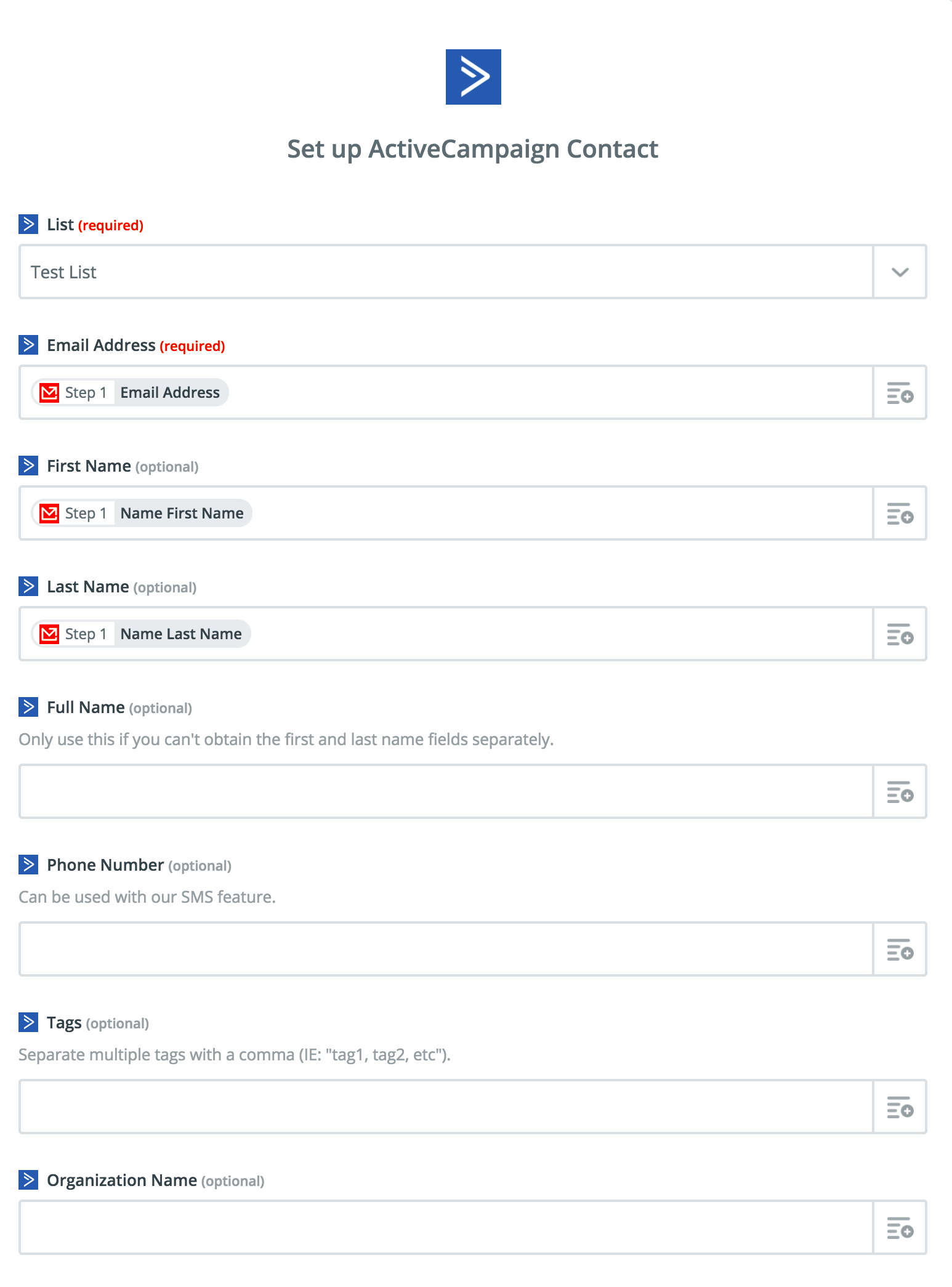 Field mapping options between Mailparser and ActiveCampaign in Zapier