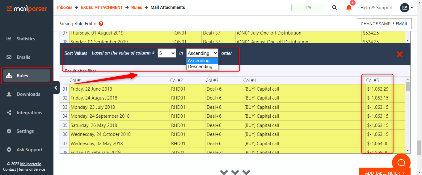 Sorting a column in ascending order in mailparser.io