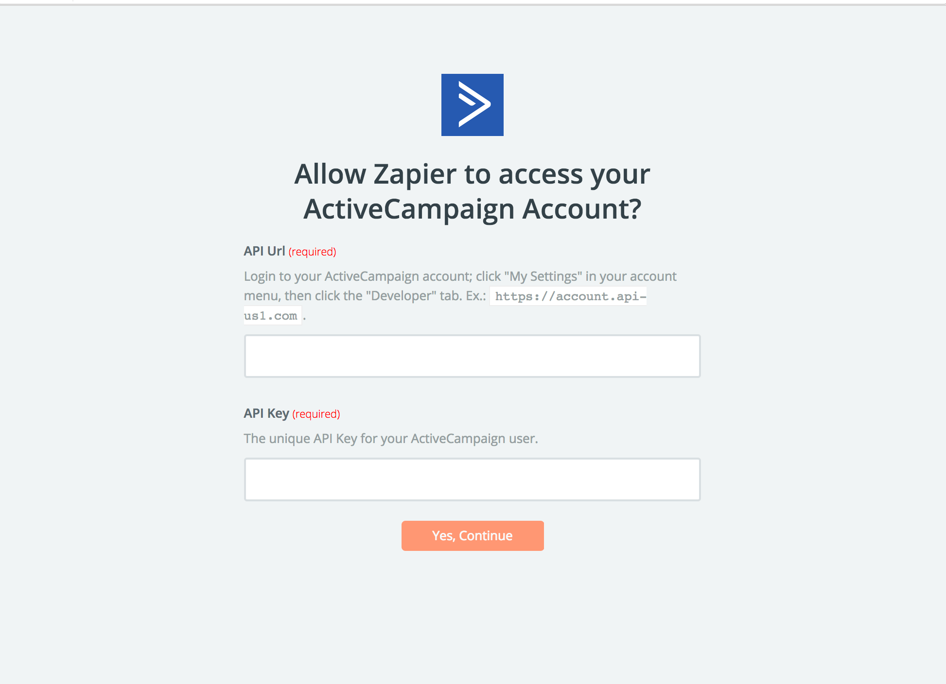 ActiveCampaign login screen for Zapier integration