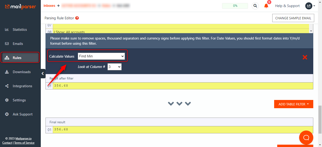 Selecting Find Min option to calculate minimum value of a column