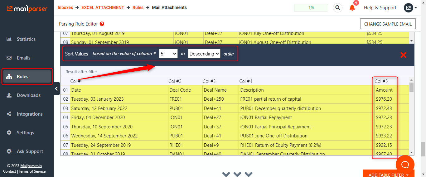Sorting a column in descending order in mailparser.io