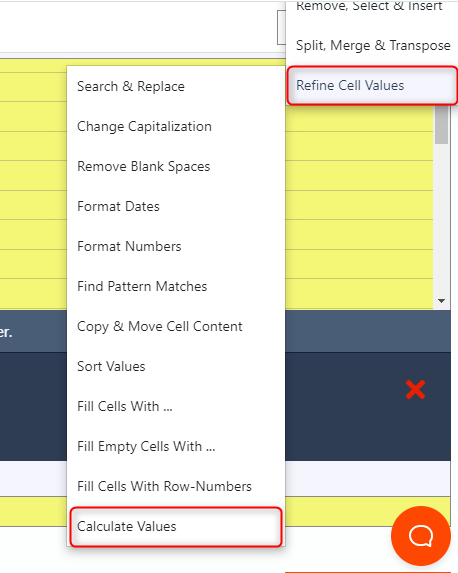 Accessing the Calculate Values filter under Refine Cell Values menu in Mailparser.io