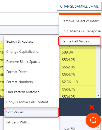 Select Sort Values filter from Refine cell values menu in mailparser.io