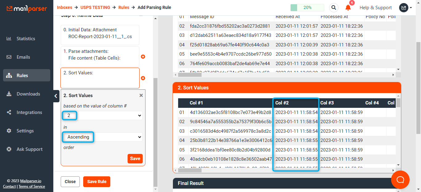 New design - Step 3 previewing sorted data results in mailparser.io