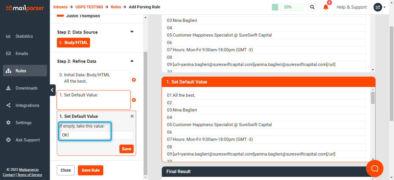 New design - Step 2 entering default value in filter setup