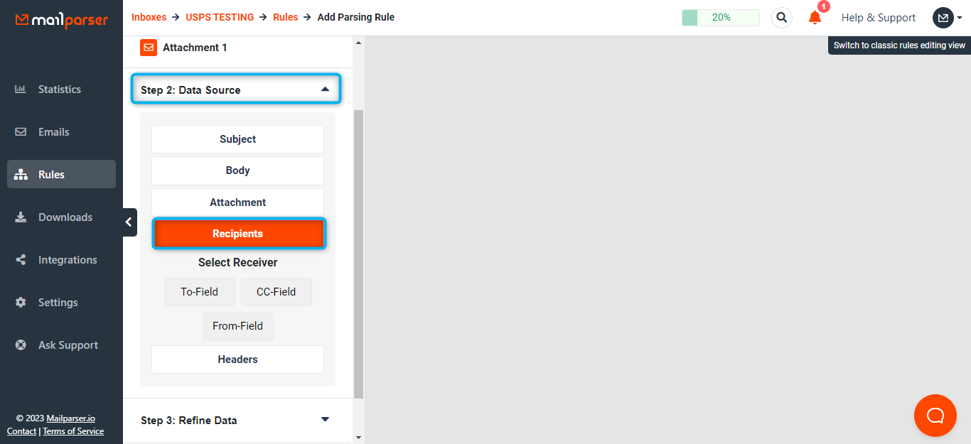 New design - Step 1 selecting recipients data source