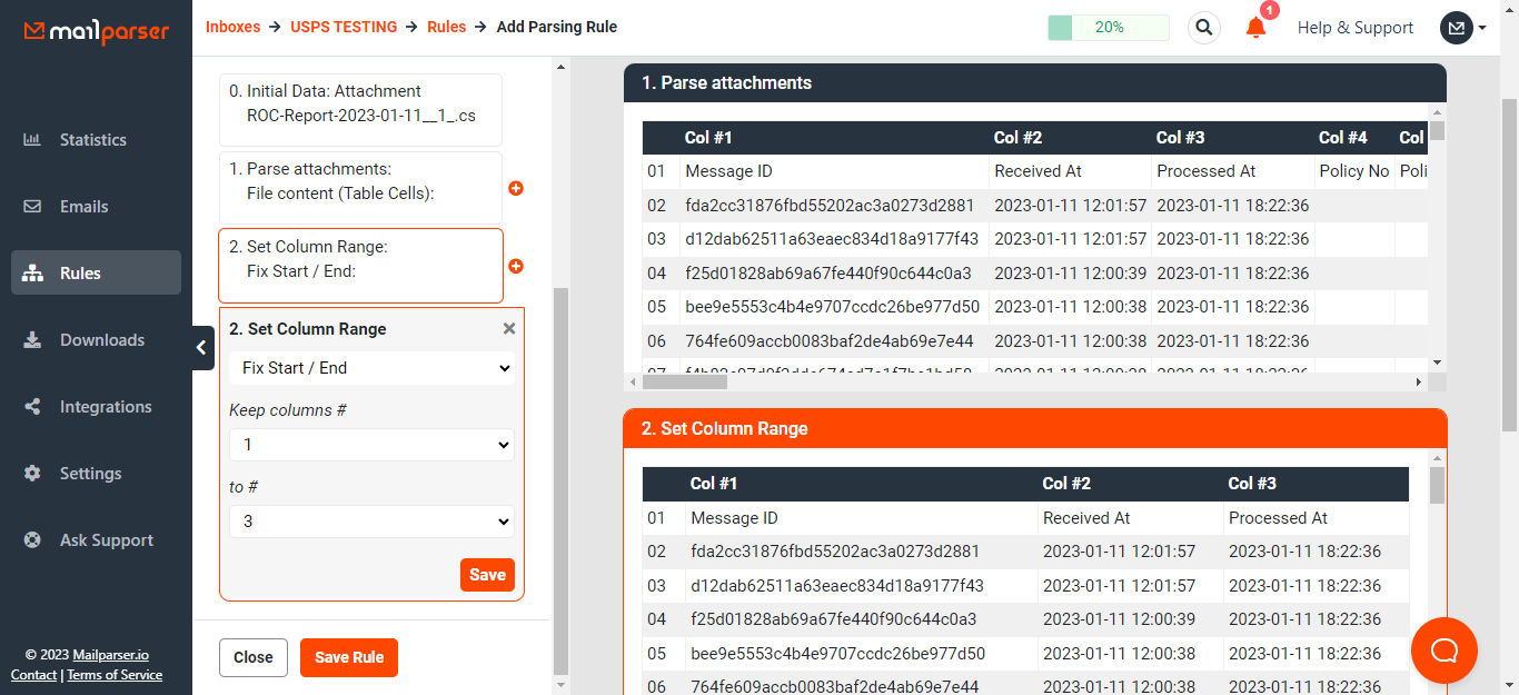 New UI showing filtered output after setting column range