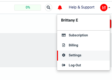 Account menu with Settings option highlighted