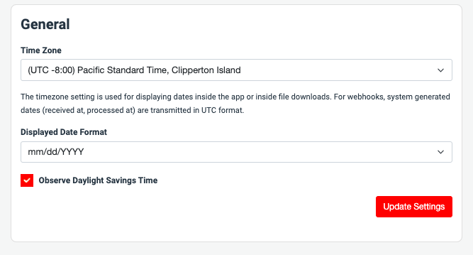Timezone and date format settings section