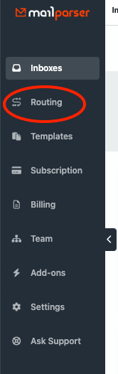 Routing option in Mailparser navigation menu
