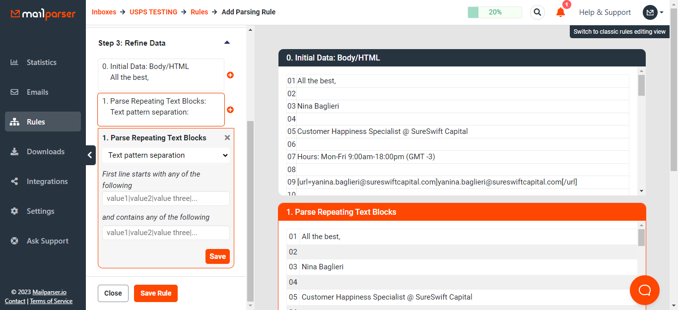 Step 2 of new design for repeating text block setup in Mailparser